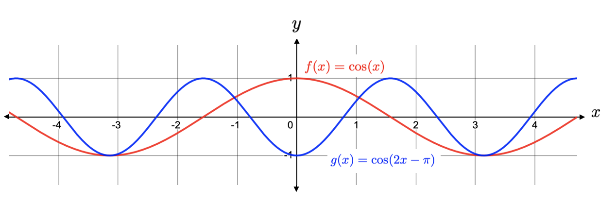 Comparing \(f(x) = \cos(x)\) and \(g(x) = \cos(2x-\pi).  \)
